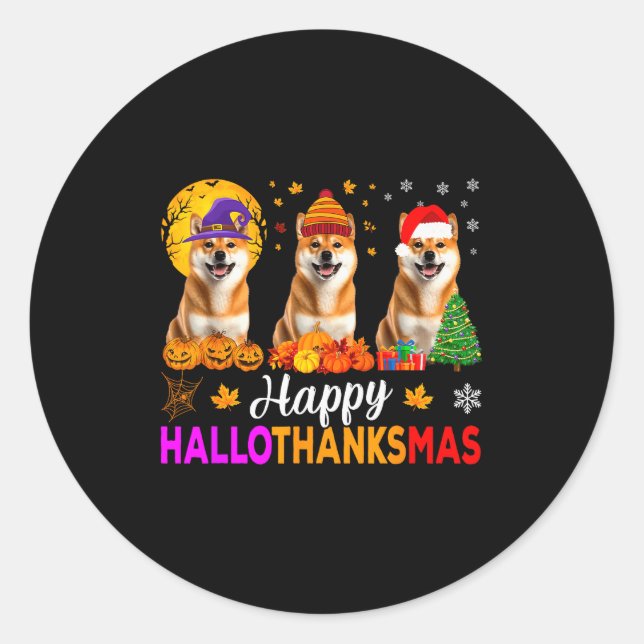 Shiba Inu Dog Halloween Christmas Hallothanksmas  Classic Round Sticker (Front)