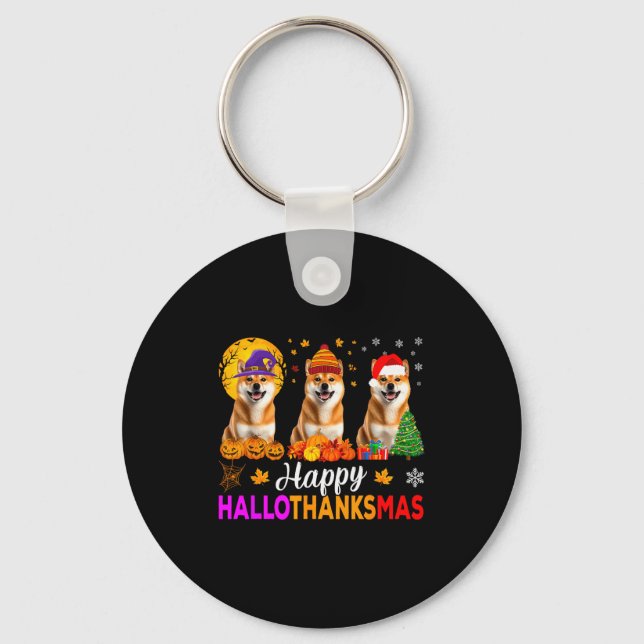 Shiba Inu Dog Halloween Christmas Hallothanksmas  Keychain (Front)