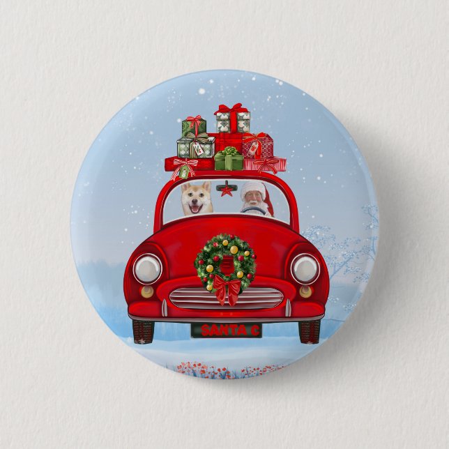 Shiba Inu Dog In Car With Santa Claus 2 Inch Round Button (Front)
