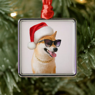 Shiba Inu dog in Santa Claus red hats Metal Ornament