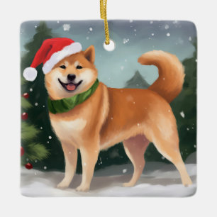 Shiba Inu Dog in Snow Christmas Ceramic Ornament