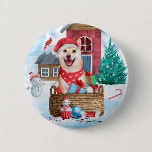Shiba Inu Dog In snow Christmas Dog House 2 Inch Round Button