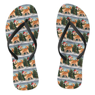 Shiba Inu Dog in Snow Christmas Flip Flops