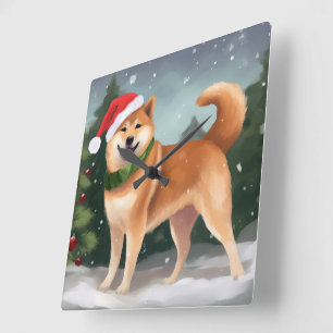 Shiba Inu Dog in Snow Christmas Square Wall Clock