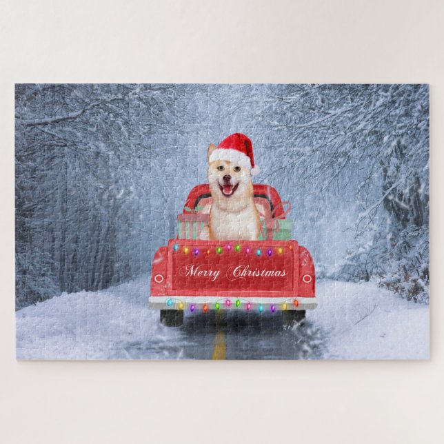 Shiba Inu Dog in Snow sitting in Christmas Truck  Jigsaw Puzzle (Horizontal)