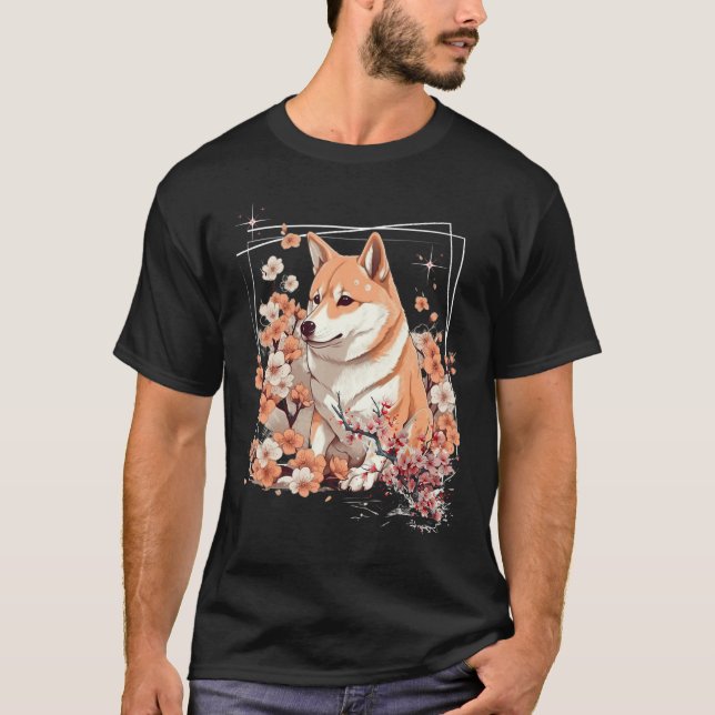 Shiba Inu Dog Japanese Cherry Blossom Sakura Flowe T-Shirt (Front)