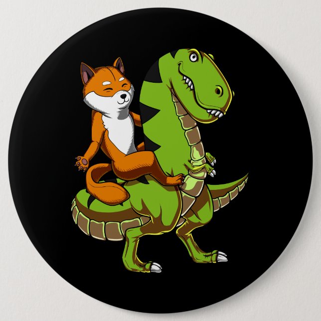Shiba Inu Dog Riding T-Rex Dinosaur 6 Inch Round Button (Front)