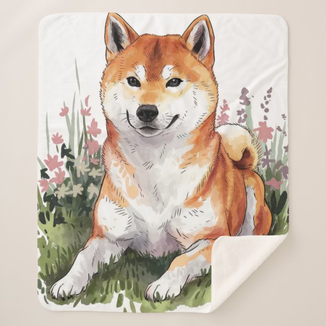 Shiba Inu Dog Sherpa Blanket Watercolor Design (Front)