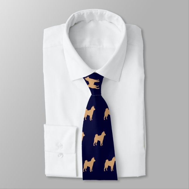 Shiba Inu Dog Silhouettes Pattern Navy Blue Tie (Tied)