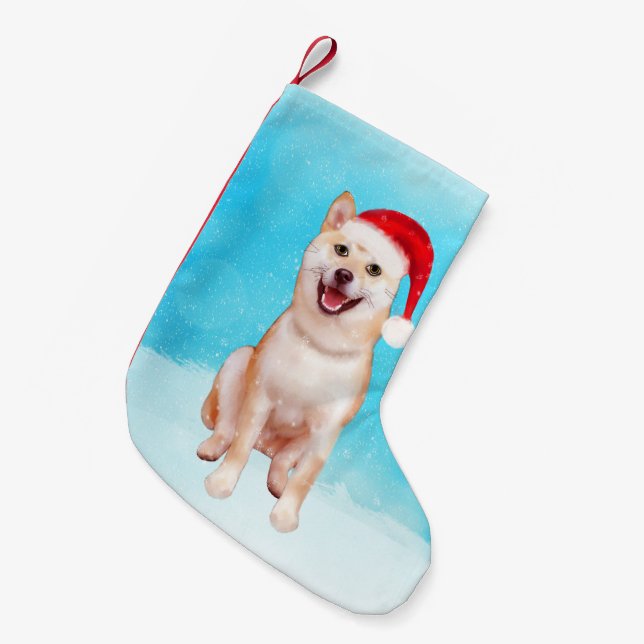 Shiba Inu Dog Sitting in snow with Christmas Hat Small Christmas Stocking (Front (Hanging))