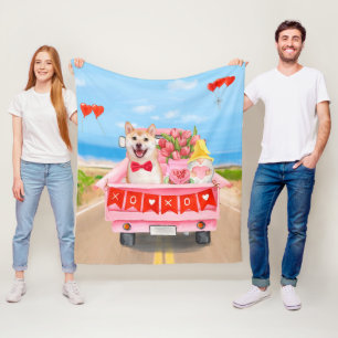 Shiba Inu Dog Valentine's Day Truck Fleece Blanket