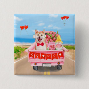 Shiba Inu Dog Valentine's Day Truck Hearts 2 Inch Square Button