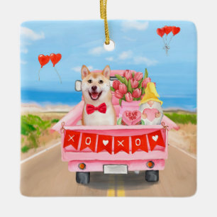 Shiba Inu Dog Valentine's Day Truck Hearts Ceramic Ornament