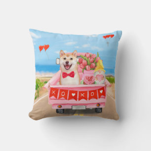 Shiba Inu Dog Valentine's Day Truck Hearts Throw Pillow