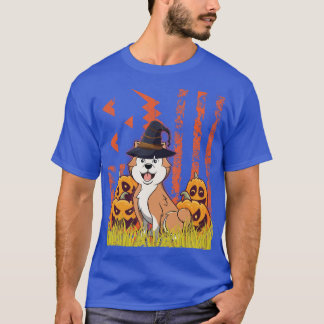 Shiba Inu Dog Witch Dancing Around Pumpkins In fro T-Shirt