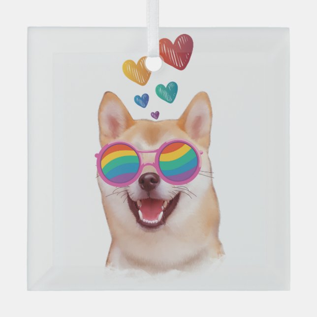 Shiba Inu Dog with Hearts Valentine's Day  Glass Ornament (Front)