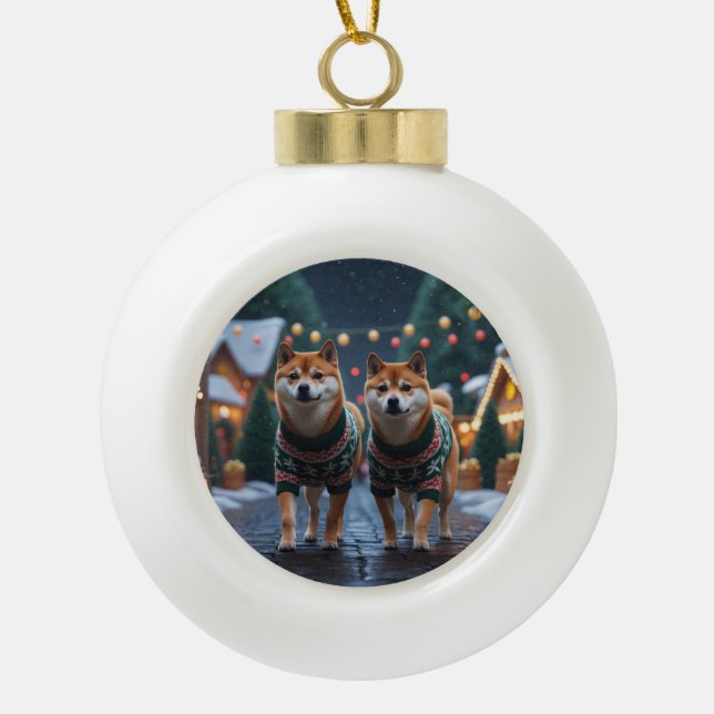 Shiba Inu Dogs Christmas Snow Holiday Ceramic Ball Christmas Ornament (Front)