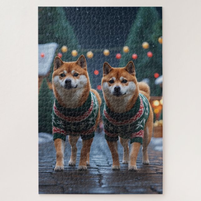 Shiba Inu Dogs Christmas Snow Holiday Jigsaw Puzzle (Vertical)