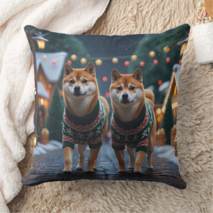 Shiba Inu Dogs Christmas Snow Holiday Throw Pillow