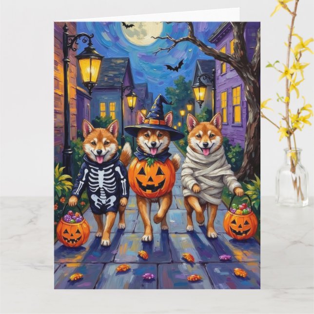 Shiba Inu Dogs in Halloween Costumes Card (Yellow Flower)