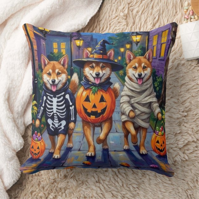 Shiba Inu Dogs in Halloween Costumes Throw Pillow (Blanket)