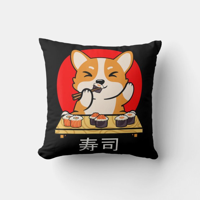 Shiba Inu eats Sushi Kawaii Neko Gift Anime  Throw Pillow (Front)