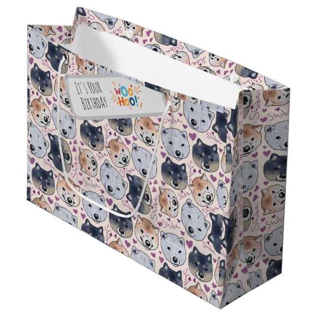 Shiba Inu Hand-Drawn Cartoon Head Large Gift Bag (Front Angled)