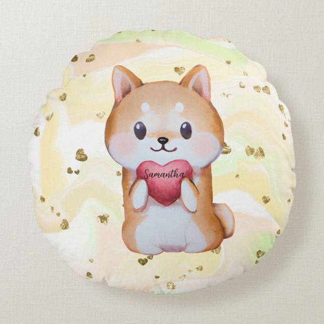 Shiba Inu Holding A Heart Round Pillow (Front)
