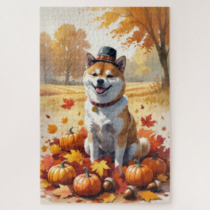 Shiba Inu In Autumn Leaves Thanksgiving Art Jigsaw Puzzle
