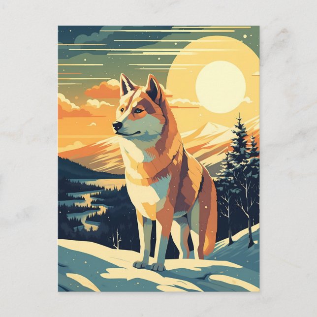 Shiba Inu in the snowy mountains during sunset Postcard (Front)