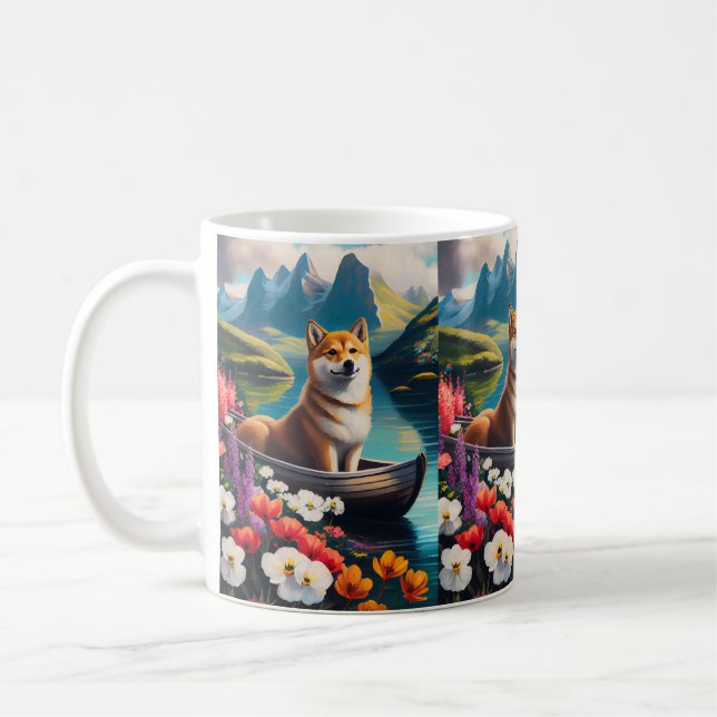 Shiba Inu on a Paddle: A Scenic Adventure Coffee Mug (Left)