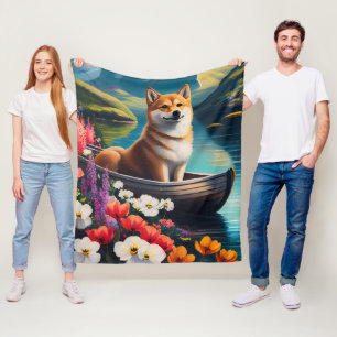 Shiba Inu on a Paddle: A Scenic Adventure Fleece Blanket