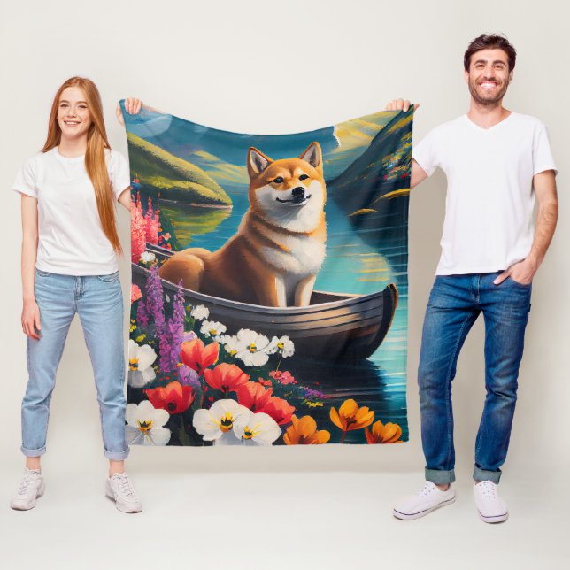 Shiba Inu on a Paddle: A Scenic Adventure Fleece Blanket (In Situ)