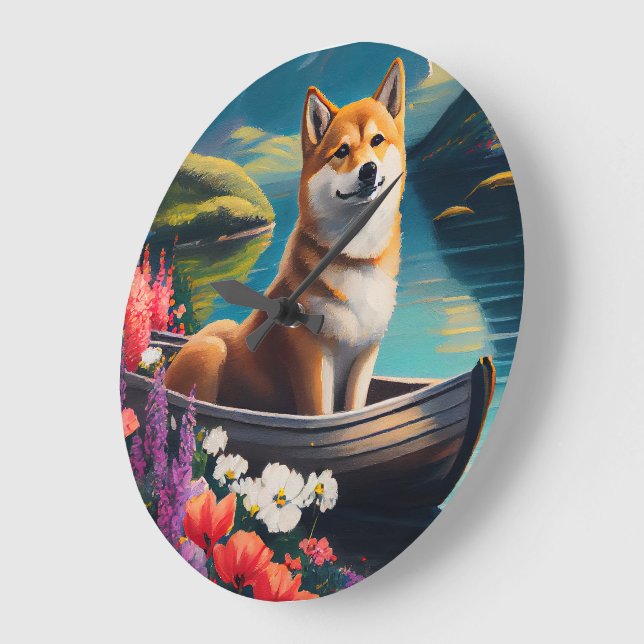 Shiba Inu on a Paddle: A Scenic Adventure Large Clock (Angle)