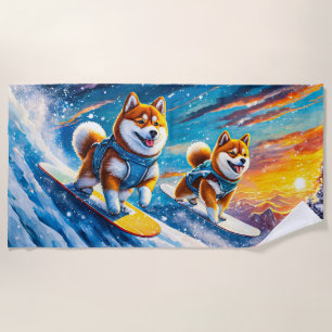 Shiba Inu On Snowboards Design by Rich AMeN Gill Beach Towel