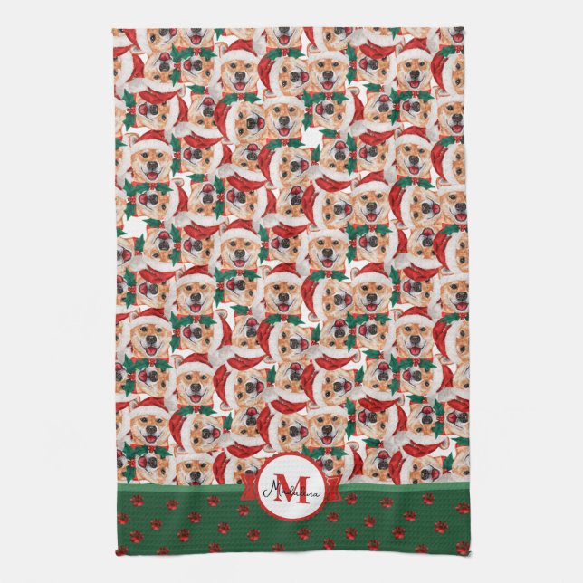 Shiba Inu Pattern Monogram Christmas Dog Kitchen Towel (Vertical)