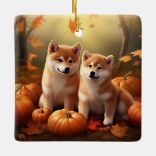 Shiba Inu Puppy Autumn Delight Pumpkin Ceramic Ornament