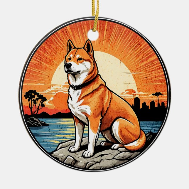 Shiba Inu Retro Sunset Dog Lover Ceramic Ornament (Front)