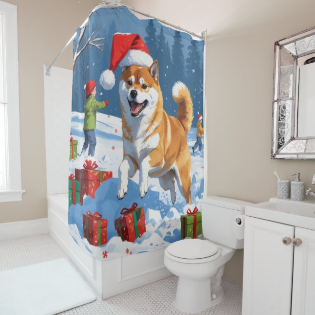 Shiba Inu Running in Snow with Christmas Hat (In Situ)