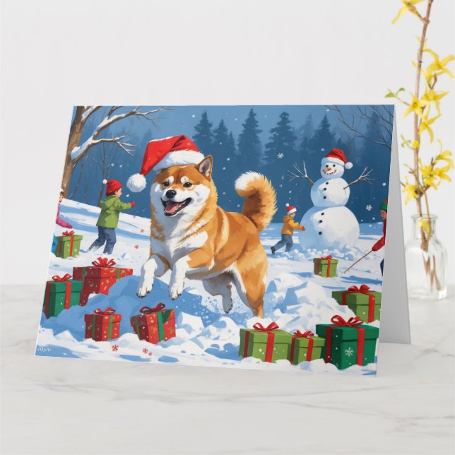 Shiba Inu Running in Snow with Christmas Hat Card (Yellow Flower)