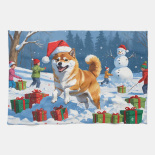 Shiba Inu Running in Snow with Christmas Hat Kitchen Towel