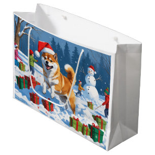 Shiba Inu Running in Snow with Christmas Hat Large Gift Bag