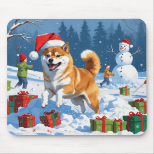 Shiba Inu Running in Snow with Christmas Hat Mouse Pad