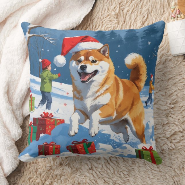 Shiba Inu Running in Snow with Christmas Hat Throw Pillow (Blanket)