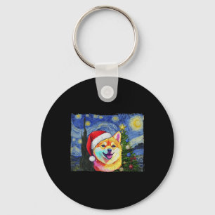 Shiba Inu Santa Hat Christmas Starry Night Art Dog Keychain