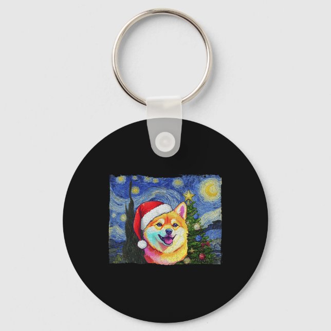 Shiba Inu Santa Hat Christmas Starry Night Art Dog Keychain (Front)