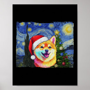 Shiba Inu Santa Hat Christmas Starry Night Art Dog Poster