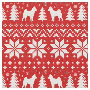 Shiba Inu Silhouettes Christmas Pattern Red Fabric