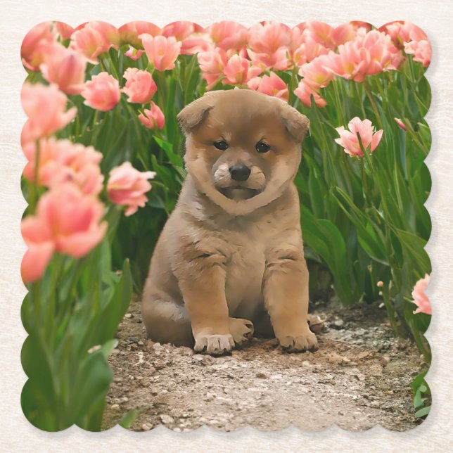 Shiba Inu Spring Flowers Paper Coaster (Front)