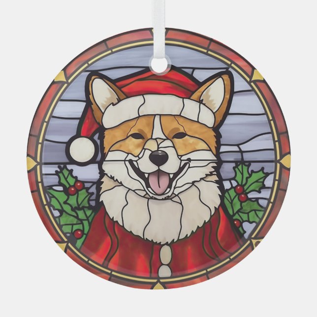 Shiba Inu Stained Glass Christmas  Glass Ornament (Front)